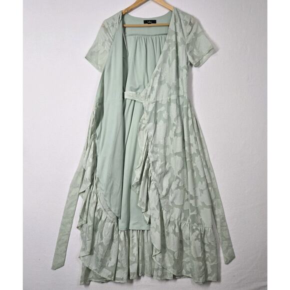 Lulu's Jacquard Short Sleeve Wrap Midi Dress S Blissfully Sage Green Ruffle - Picture 5 of 12